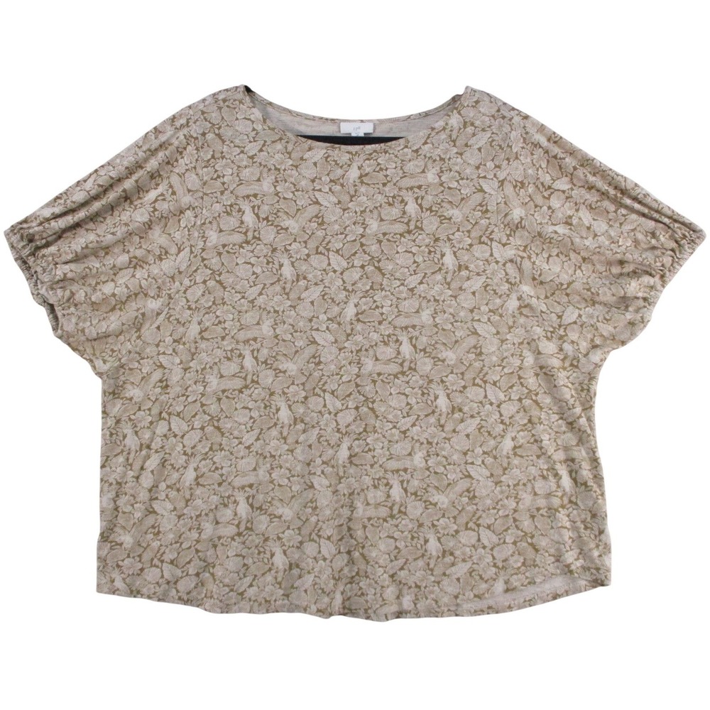 J. Jill Womens 2X Floral Bird Print Cotton‎ Modal Puff Sleeve Scoop Neck Top Tan